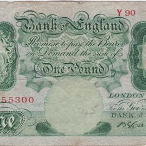 B225 Catterns One Pound Banknote Y90. This is the green 1930 Issue with Britannia on the obverse. The banknote has the Serial Number Y90 055300.