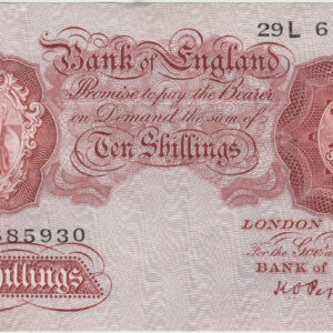 B256 Peppiatt Ten Shillings 43L Banknote. This is the 1948 issue, with Britannia at the left on the obverse. Prefix / Serial Number 29L 685930.