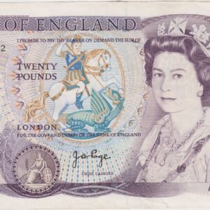 B328 Page Twenty Pounds banknote. Deep purple on multicolour underprint. The obverse features Elizabeth II. The reverse features Shakespeare.