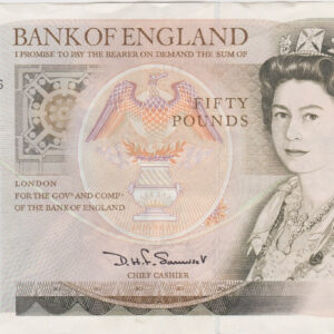 B352 Somerset Fifty Pounds Banknote. Queen Elizabeth II on the obverse. Sir Christopher Wren on the reverse. Prefix / Serial Number B05 032656.