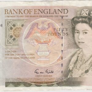 B356 Gill Fifty Pounds Banknote. Queen Elizabeth II on the obverse. Sir Christopher Wren on the reverse. Prefix / Serial Number D19 139636.