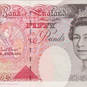 B377 Kentfield Fifty Pounds Banknote. Queen Elizabeth II and Britannia on the obverse. Sir John Houblon on the reverse. Prefix / Serial Number A99 376622.