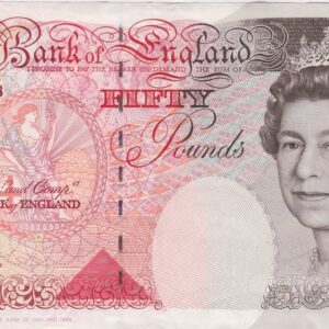 B385 Lowther Fifty Pounds Banknote featuring Queen Elizabeth II and Britannia on the obverse. Sir John Houblon on the reverse.