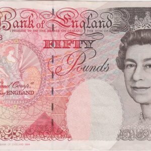 B404 Bailey Fifty Pounds Banknote. Queen Elizabeth II and Britannia on the obverse. Sir John Houblon on the reverse. M25 117323.