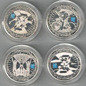 Boxed Countdown To London 2012 Piedfort Five Pound Coin Set. Queen Elizabeth II on obverse. All coins are in stock. You are buying a four coin set.