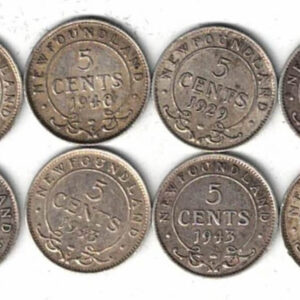 Eight Newfoundland Canada Silver Five Cent Coins. All of our coins are pre owned and in stock. You are buying the Eight Canada silver coins in the pictures.