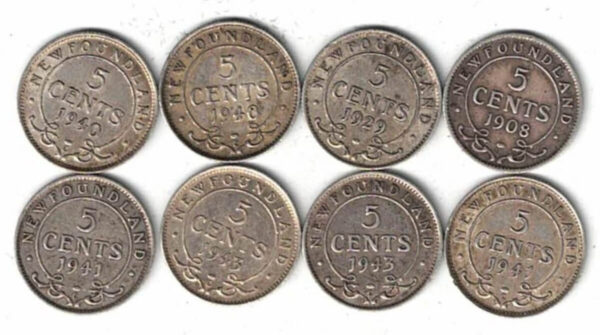 Eight Newfoundland Canada Silver Five Cent Coins. All of our coins are pre owned and in stock. You are buying the Eight Canada silver coins in the pictures.