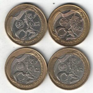 Four 2002 Commonwealth Games Two Pound Coins. These 2002 coins have the fourth portrait of Queen Elizabeth II on the obverse facing right.