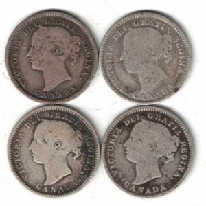 Four Canada Silver Ten Cent Coins. The obverse side of the coin features the portrait of young Queen Victoria facing left.