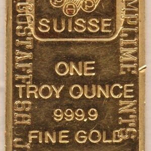 Pamp One Ounce Gold Bar . This 999.9 fine gold bullion bar has been inscribed 'compliments of cargo staff sh japt' at the edges.