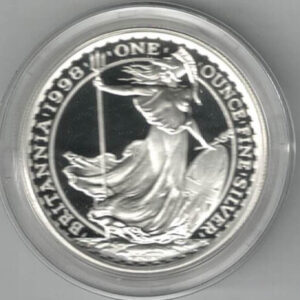1998 Silver Britannia Proof One Ounce. The coin contains one ounce of fine silver. All of our silver coins have been pre-owned and are in stock.