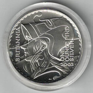 2003 Silver Britannia Proof One Ounce. The coin contains one ounce of fine silver. All of our silver coins have been pre-owned and are in stock.