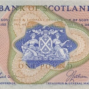 P109a Bank Of Scotland One Pound Banknote. This one pound banknote is dated 17th June 1968, with Prefix / Serial Number A over 2 0432884.