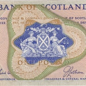 P109b Bank Of Scotland One Pound Banknote. This one pound banknote is dated 18th August 1969, with Prefix / Serial Number B over 1 0805098.