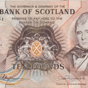P113a Bank Of Scotland Ten Pounds Banknote. This ten pounds banknote is dated 12th January 1977, with Prefix / Serial Number F852881.