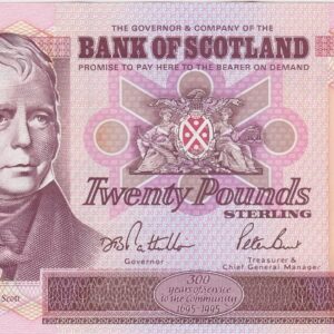 P121a Bank Of Scotland Twenty Pounds Banknote. This twenty pounds banknote is dated 1st May 1995, with Prefix / Serial Number AM154533.