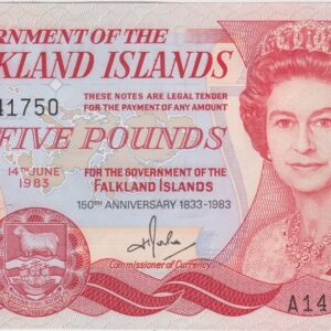 P12a Falkland Islands Five Pounds Banknote. This five pounds banknote was issued on the 14th June 1983, with Prefix / Serial Number A141750.