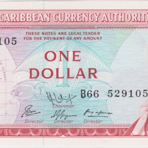 P13f East Caribbean States One Dollar Banknote. This one dollar banknote was issued in 1965, with Prefix / Serial Number B66 529105 with signature number 9.