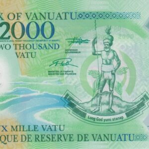 P14 Vanuatu Two Thousand Vatu Banknote. This two thousand vatu banknote was issued in 2014, with Prefix / Serial Number AD14852417.