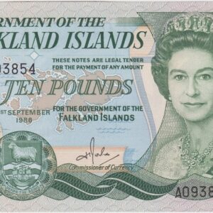 P14a Falkland Islands Ten Pounds Banknote. This ten pounds banknote was issued on the 1st September 1986, with Prefix / Serial Number A093854.