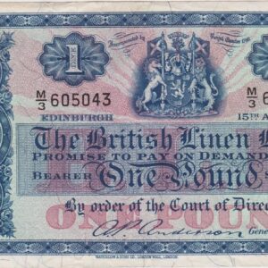 P157e British Linen Bank One Pound Banknote. This one pound banknote is dated 15th April 1960, with Prefix / Serial Number M over 3 605043.