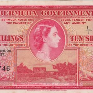 P19b Bermuda Ten Shillings Banknote. This ten shillings banknote was issued on the 1st May 1957, with Prefix / Serial Number L over 1 085746.
