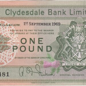 P202 Clydesdale Bank Limited One Pound Banknote. This one pound banknote is dated the 1st September 1969, with Prefix / Serial Number C over R 731481.