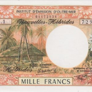 P20c New Hebrides One Thousand Francs Banknote. This one thousand francs banknote was issued in 1979, with Prefix / Serial Number M.1 72936.