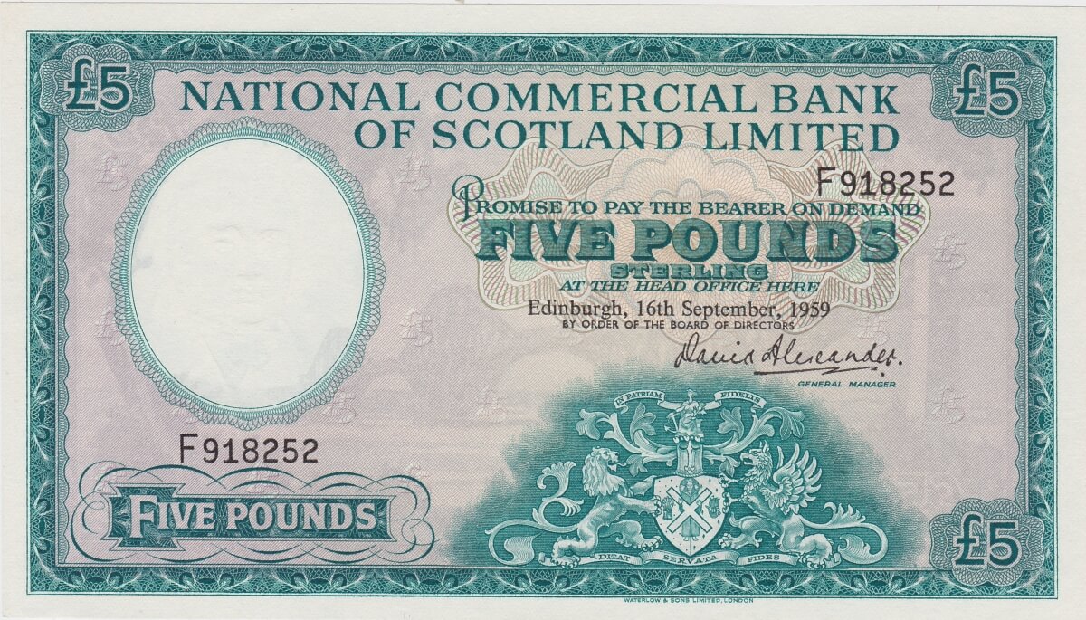 P266 National Commercial Bank Of Scotland Limited Five Pounds Banknote. This five pounds banknote is dated the 16th September 1959.