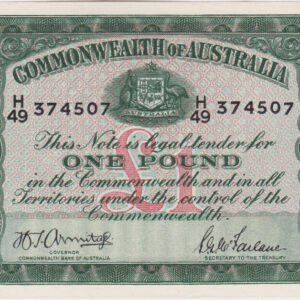 P26b Australia One Pound Banknote. This one pound banknote has no date but was issued in 1942, with Prefix / Serial Number H over 49 374507.