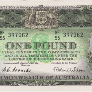 P30a Australia One Pound Banknote. This one pound banknote has no date but was issued between 1953 to 1960, with Prefix / Serial Number HF over 55 397062.