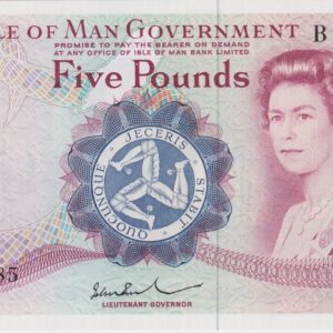 P30b Isle Of Man Five Pounds Banknote. This five pounds banknote has no date but was issued in 1972, with Prefix / Serial Number B199885.