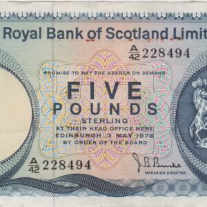 P337a Royal Bank Of Scotland Five Pounds Banknote. This five pounds banknote is dated 3rd May 1976, with Prefix / Serial Number A over 42 228494.