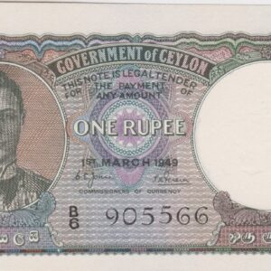 P34 Ceylon One Rupee Banknote. This one rupee banknote was issued on the 1st March 1949, with Prefix / Serial Number B over 8 905566.