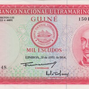 P43a Portuguese Guinea One Thousand Escudos Banknote. This one thousand escudos banknote is dated 30th April 1964, with Prefix / Serial Number 150148.