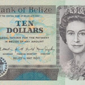 P54a Belize Ten Dollars Banknote. This ten dollars banknote was issued on the 1st May 1990, with Prefix / Serial Number AA032267.
