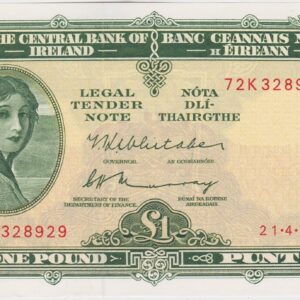 P64c Central Bank Of Ireland One Pound Banknote. This one pound banknote is dated the 21st April 1975, with Prefix / Serial Number 72K 328929.