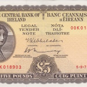 P65r2 Central Bank Of Ireland Five Pounds Banknote. This five pound banknote is dated the 5th September 1975, with Prefix / Serial Number 00K 018903.