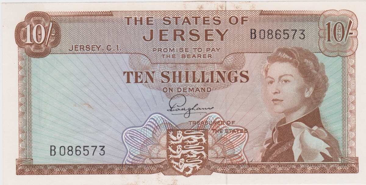 P7a Jersey Ten Shillings Banknote. This ten shillings banknote has no date but was issued in 1963, with Prefix / Serial Number B086573.