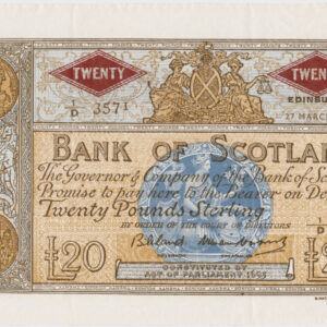 P94f Bank Of Scotland Twenty Pounds Banknote. This twenty pounds banknote is dated 27th March 1958, with Prefix / Serial Number 1 over D 3571.