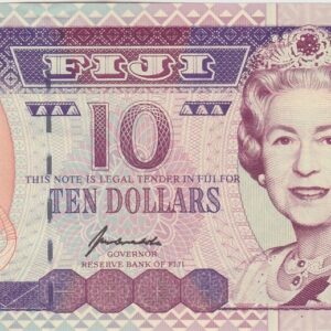 P98b Fiji Ten Dollars Banknote. This ten dollars banknote was issued in 1996, with Prefix / Serial Number AL109109. Featuring Queen Elizabeth II.