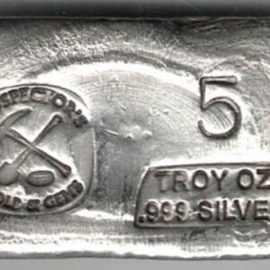Prospector's Five Ounce Silver Bar. This bar contains 5 ounces of 999 fine Silver. All of our silver bars have been pre-owned and are in stock.
