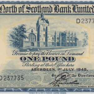 S644 North Of Scotland Bank Limited One Pound Banknote. This one pound banknote is dated the 1st July 1945, with Prefix / Serial Number D237735.