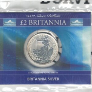 2002 Silver Britannia One Ounce Coin. The coin contains one ounce of fine silver. All of our silver coins have been pre-owned and are in stock.