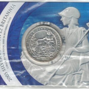 2005 Silver Britannia One Ounce Coin. The coin contains one ounce of fine silver. All of our silver coins have been pre-owned and are in stock.