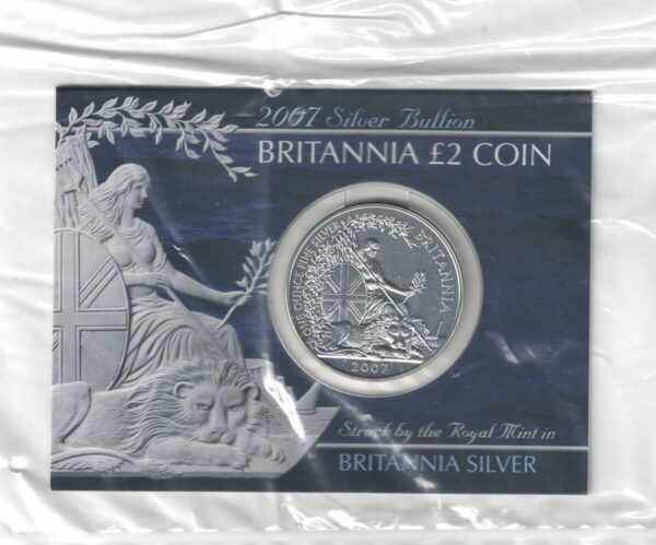 2007 Silver Britannia One Ounce in Card Pack. The coin contains one ounce of fine silver. All of our silver coins have been pre-owned and are in stock.