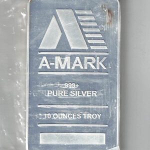 Sealed A-Mark Ten Ounce Silver Bar. This bar contains 10 ounces of 999 fine Silver. All of our silver bars have been pre-owned and are in stock.