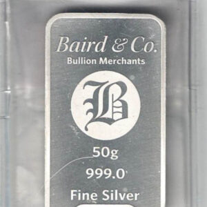 Sealed Baird And Co Silver Fifty Gram Bar . All of our silver bars have been pre-owned and in stock for dispatch for delivery. You are buying one bar.