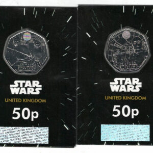 Two Various 2023 Star Wars Fifty Pence Coins. The reverse features Luke Skywalker and Princess Lei and R2-D2 and C-3P0. All coins are in stock.