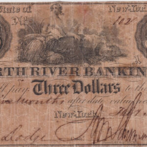 USA North River Banking Co Three Dollars Banknote. This banknote has been well used and folded. There is discolouration and dirty marks on both sides.